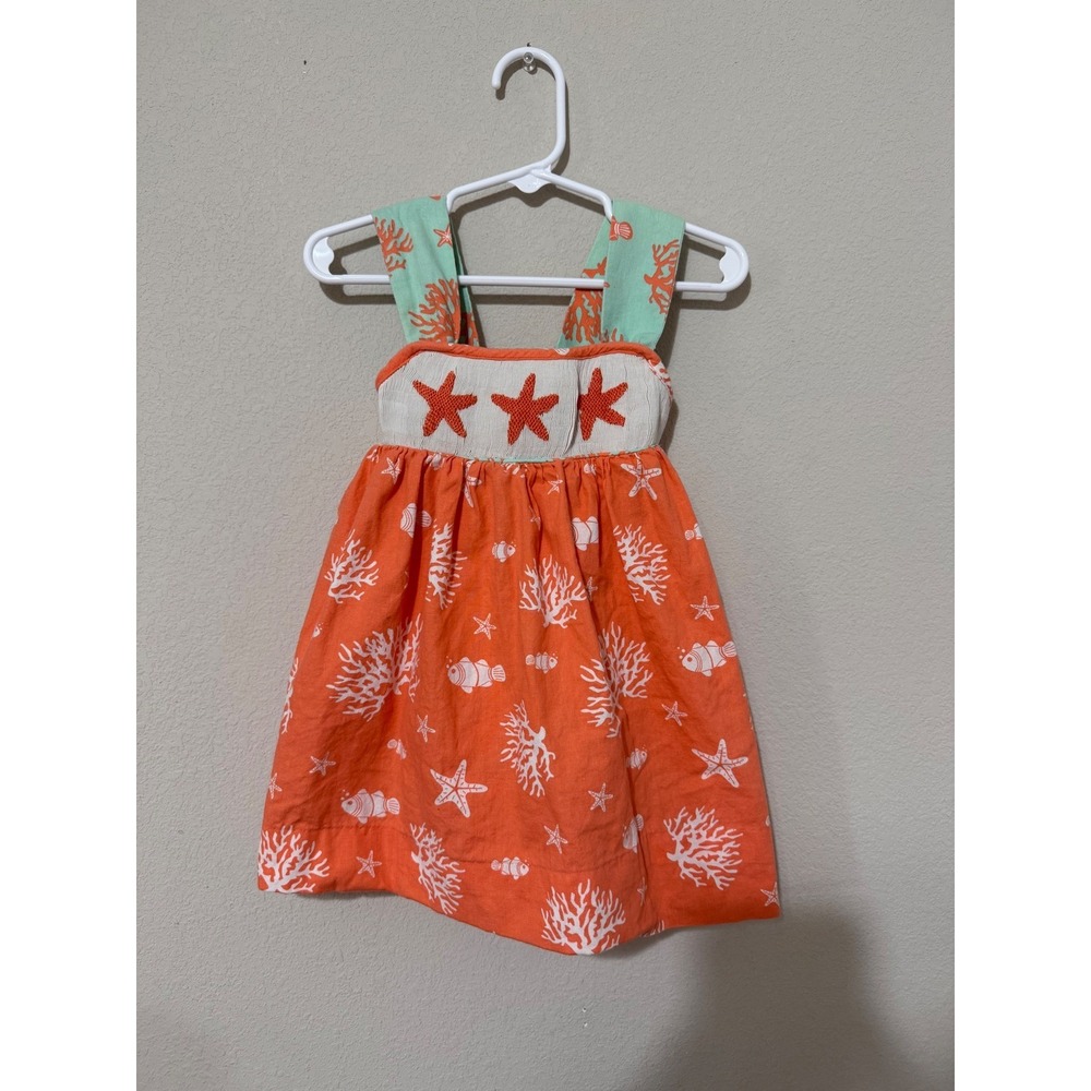 Ruffles and Frogs Sun Dress Kids 18M Orange Nautical Starfish Coral Fish Bow